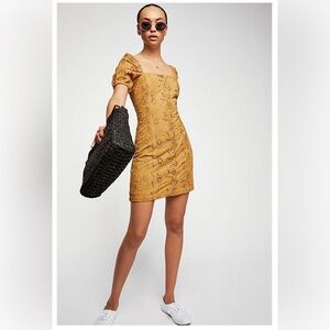 FREE PEOPLE Daniella Mini Dress Women 2 Taupe Embroidered Eyelet Puff Sleeve